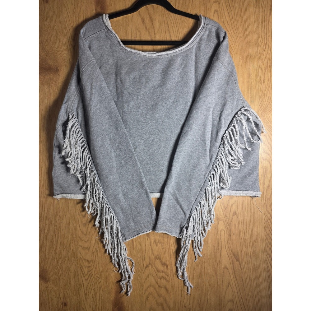Free People We The Free Womens Sweatshirt Gray Fringe Cropped V-Neck Top L/XL